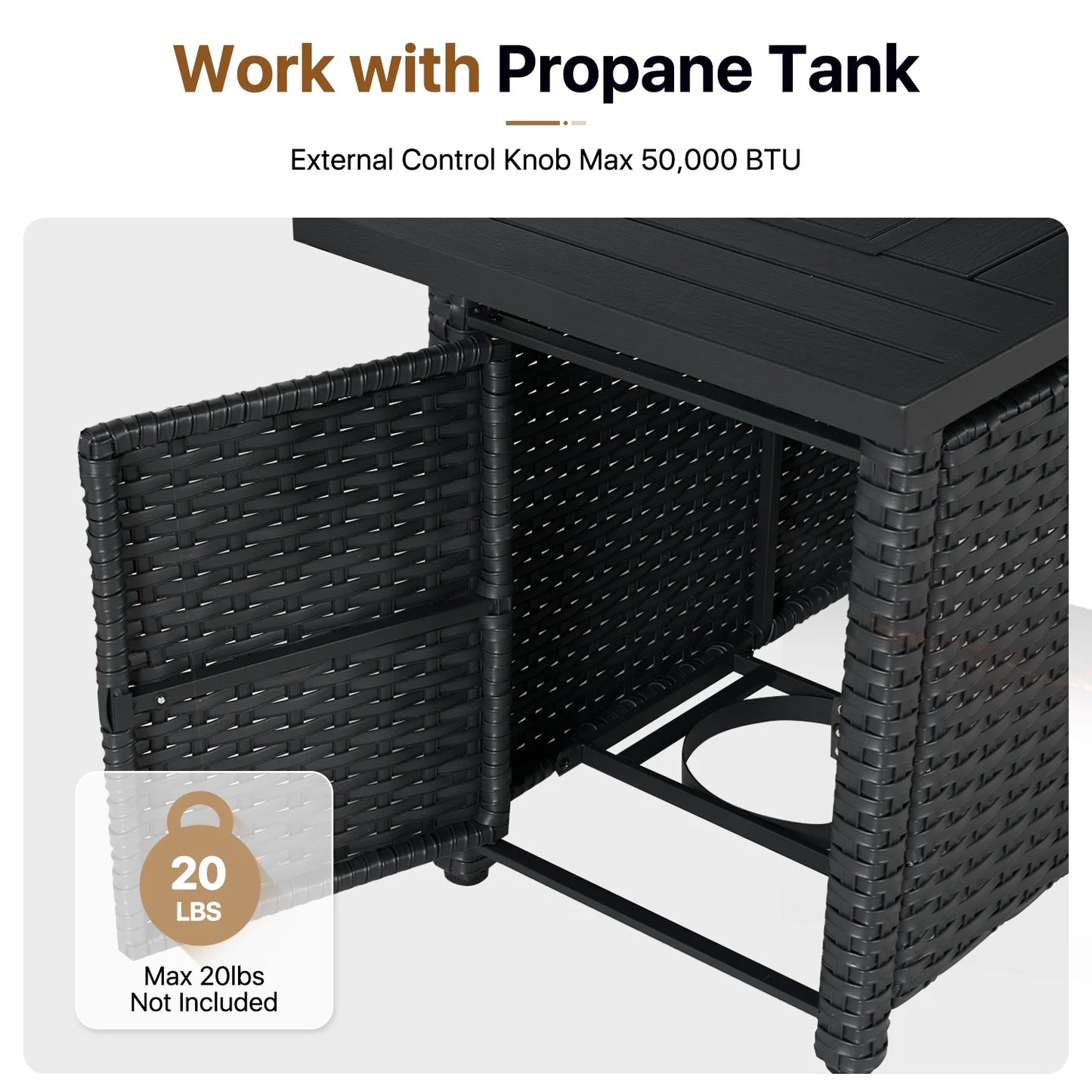 Aoxun 45" Outdoor Fire Table, 50,000 BTU Wicker Propane Fire Pit with Half-Sphere Glass Rocks and Aluminum Frame, Black