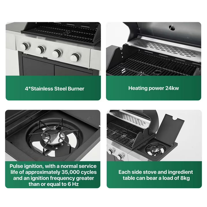 Clouddwell 4 Burner Gas Propane Grill, with 4 Casters, Side Table, and Thermometer, Patio Garden BBQ Grill Perfect for Camping, Black and Silver