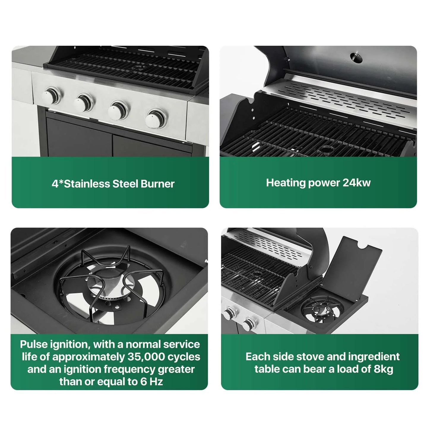 4 Burner Gas Grill, with 4 Casters, Side Table, and Thermometer, Patio Garden BBQ Grill Perfect for Camping, Black and Silver