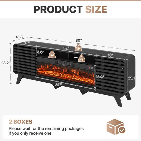 Sonegra Fireplace TV Stand with 40" Electric Fireplace, Mid Century Modern Entertainment Center with Led Lights for 90" TVs , Wood Media Console with Slatted Sliding Doors for Living Room, Black