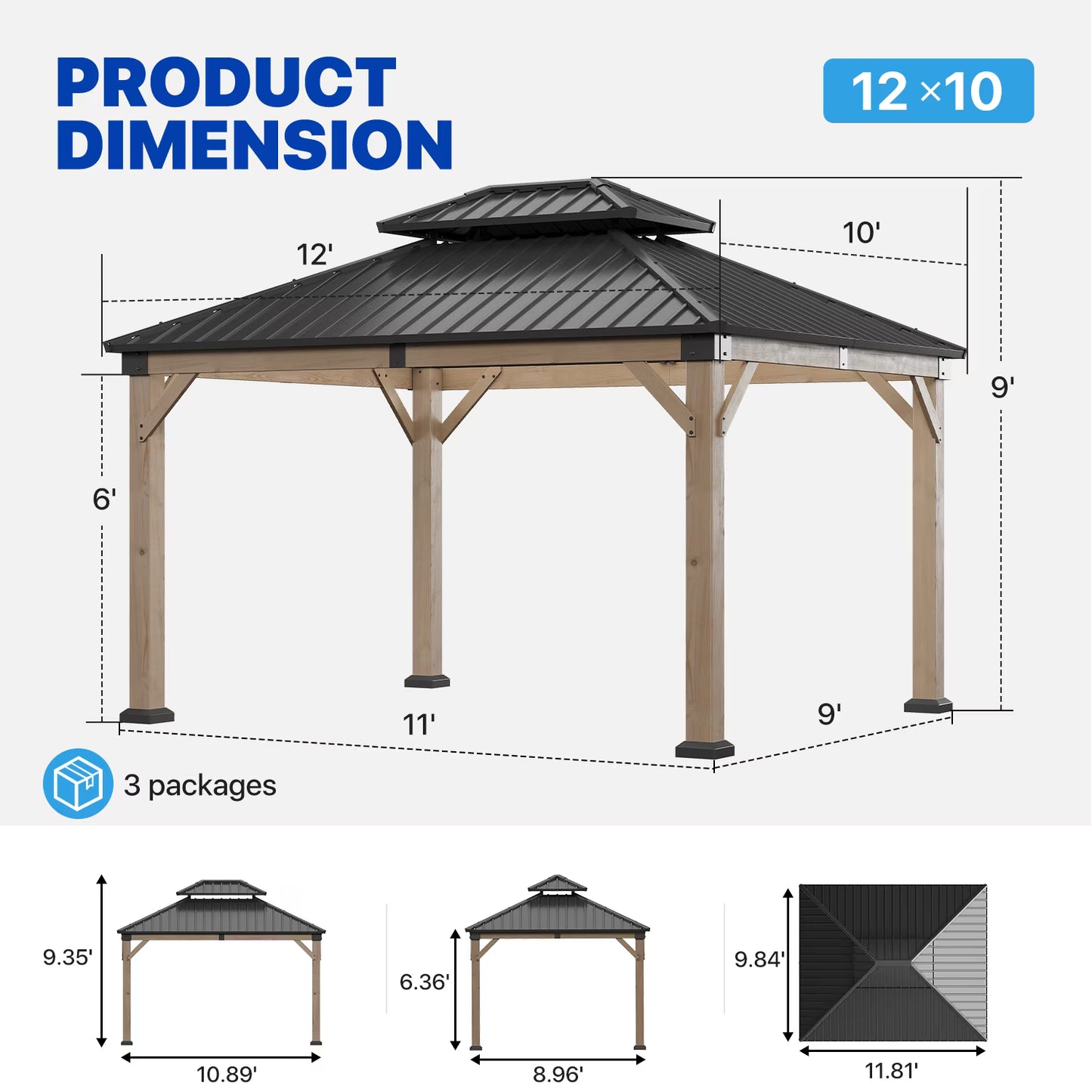Clouddwell 10' x 12' Wood Gazebo with Double Roof, Hardtop Metal Roof Outdoor Patio Gazebo Canopy for Backyard, Deck, Lawn & Garden