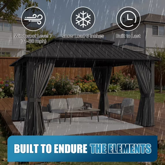 Sunmthink 12' x 14' Hardtop Gazebo with Mosquite Netting, Double Metal Roof for Lawn and Garden, Gray