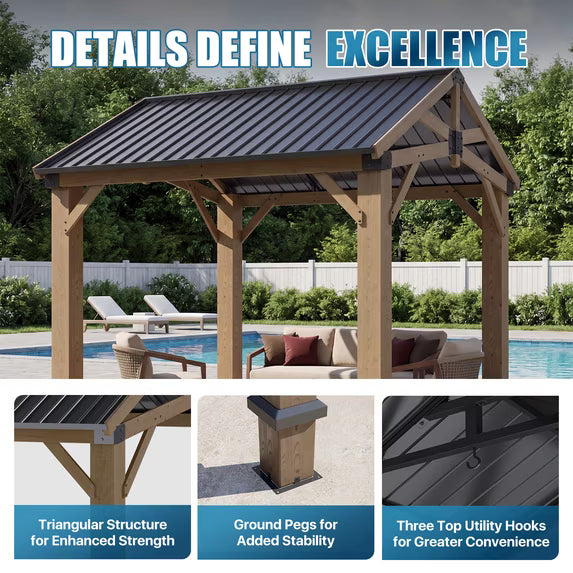 Sunmthink 10' x 10' Wood Frame Gazebo, Hardtop Gazebo with Galvanized Steel, Permanent Wooden Pavilion for Patio Backyard Lawn Garden