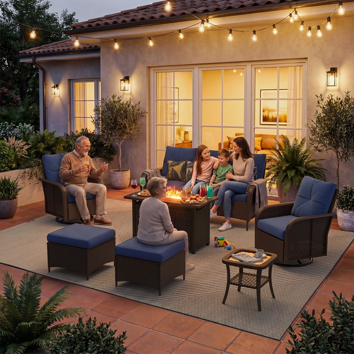Sunmthink 7-Piece Patio Furniture Set, High Back Swivel Rocker Chairs with Thick Cushions, Wicker Rattan Outdoor Sectional Sofa with Fire Pit & Ottoman, Blue