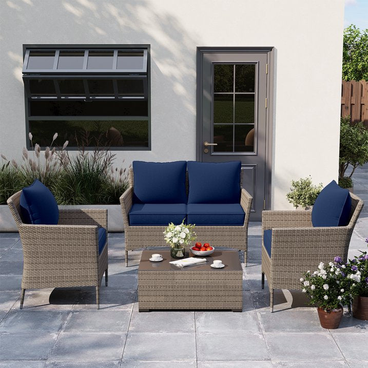Clouddwell 4-Piece Premium Outdoor Cushion Set, 20x22x4 Inches High-Resilience Waterproof Cushions for 4-Seat Wicker Sectional(Navy Blue)