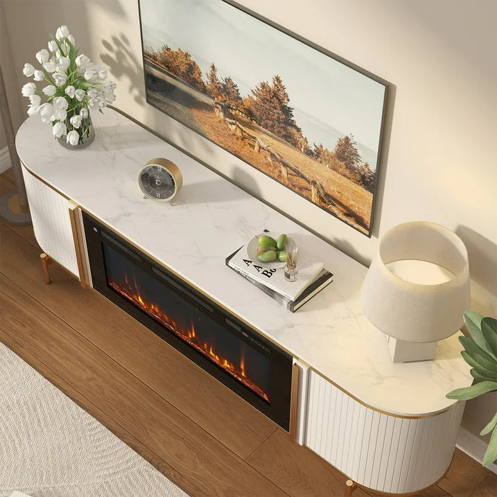 Sonegra 70" Fireplace TV Stand, Modern Entertainment Center for TVs Up to 80", TV Console Table for Living Room, Media Cabinet with Storage,70 Inch, White