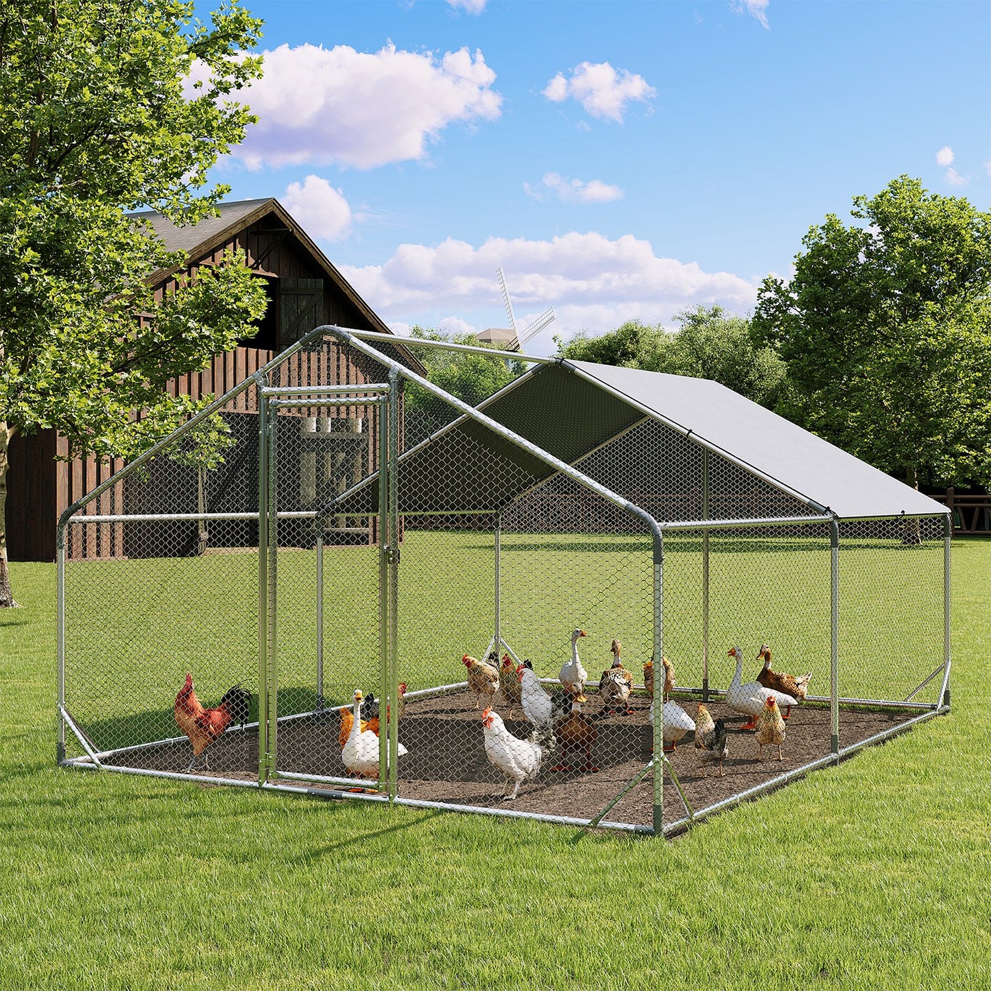 Clouddwell Large Metal Chicken Coop Duck House with Waterproof Spire Roof, Outdoor Poultry Walk-in Run Cage - 9.8' L x 13.1' W x 6.4' H