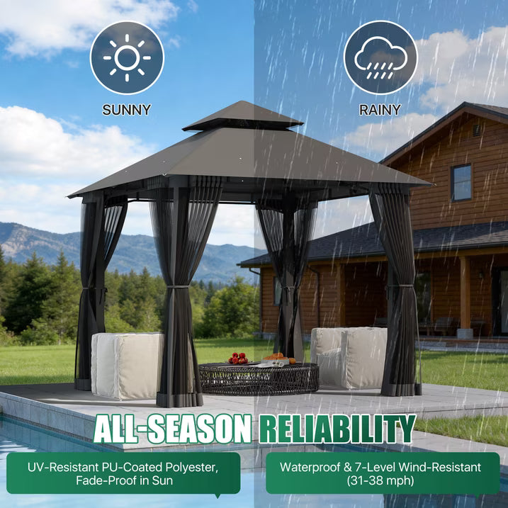 LazySunsets 8'x 8' Patio Gazebo Double Roof Protection All-Weather Outdoor Shelter Features Insect Screens for Backyard, Lawn, (Gray)