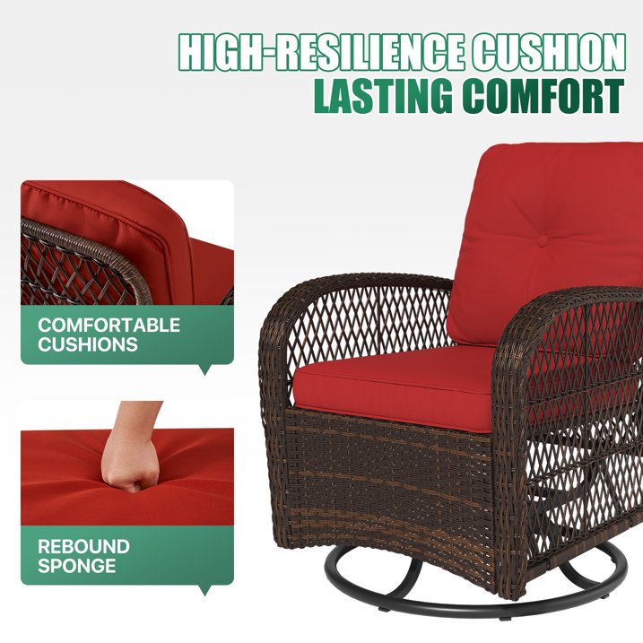 3 Piece Patio Furniture Set Swivel Outdoor Chair Wicker Rattan Patio Conversation Set Outdoor Sectional Sofa Set with Coffee Table and Red Cushions