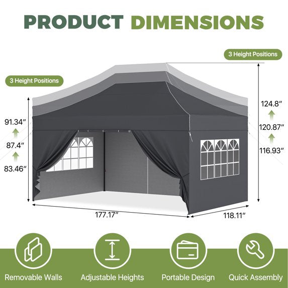 Clouddwell 10'x15' Pop Up Canopy Tent with Removable Sidewalls, Adjustable Height Instant Outdoor Canopy, Portable Sun Shade Shelter with 4 Sandbags, Easy Setup for Events, Parties, Dark Gray