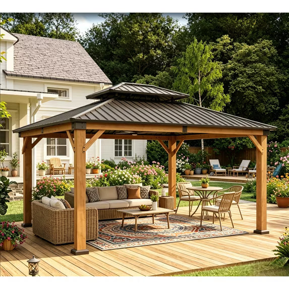 Sunmthink 12'x14' Outdoor Hardtop Gazebo, Cedar Wood Pavilion with Galvanized Steel Double Roof, for Patio, Garden, Deck