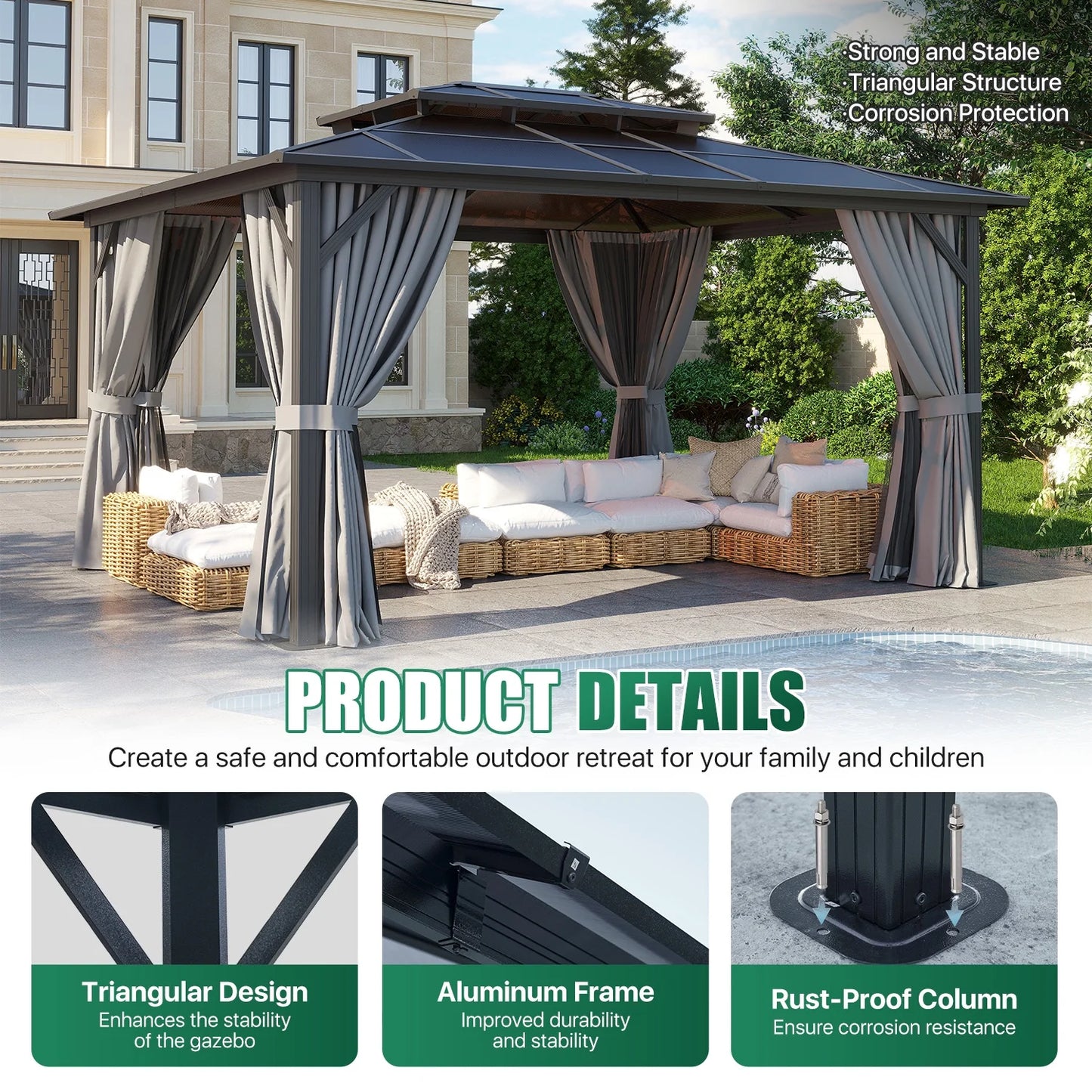 Clouddwell 12'x14' Hardtop Gazebo - Polycarbonate Double Roof with Netting & Curtains for Patio, Garden Sun Protection,Gray