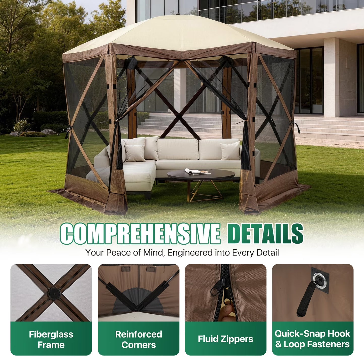 Clouddwell 10x10 FT Outdoor Pop-up Gazebo Tent, 6-Sided Screen Room with Waterproof UV-Blocking Canopy, Includes Carry Bag, Stakes & Ropes, Brown