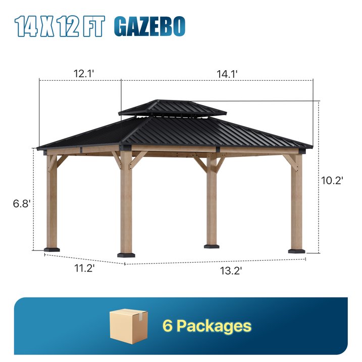 Sunmthink 12'x14' Outdoor Hardtop Gazebo, Cedar Wood Pavilion with Galvanized Steel Double Roof, for Patio, Garden, Deck