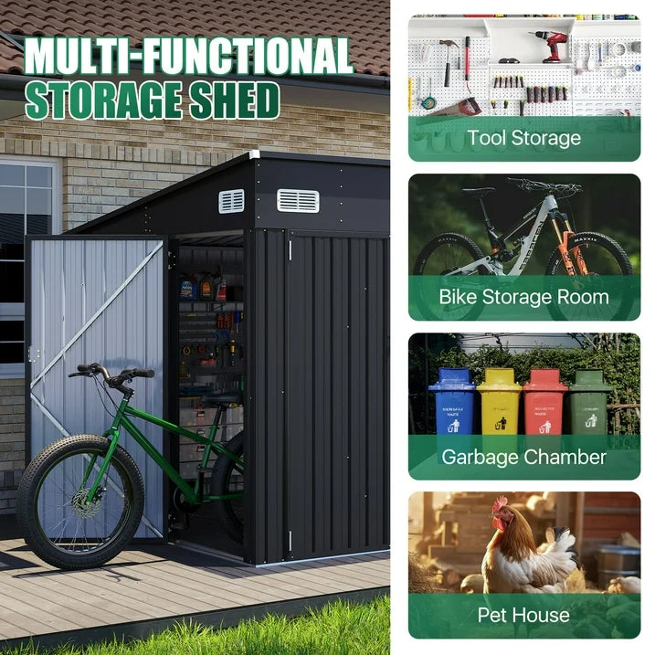 Clouddwell 12ft x 8ft Heavy-Duty Metal Storage Shed with 3 Doors, Lockable Lean-To Design, Weatherproof for Garden & Tools (Black)