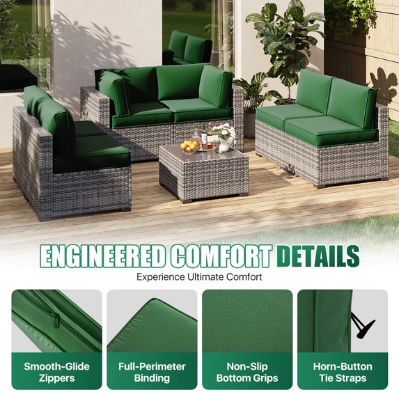 Clouddwell 14-Piece Premium Outdoor Cushion Set, High-Resilience Waterproof Cushions for 6-Seat Wicker Sectional, Comfort Upgrade (Black Green)