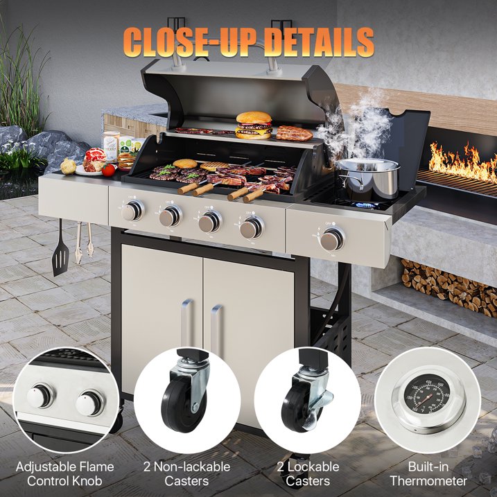 Clouddwell 4 Burner Gas Propane Grill, with 4 Casters, Side Table, and Thermometer, Patio Garden BBQ Grill Perfect for Camping, Silver