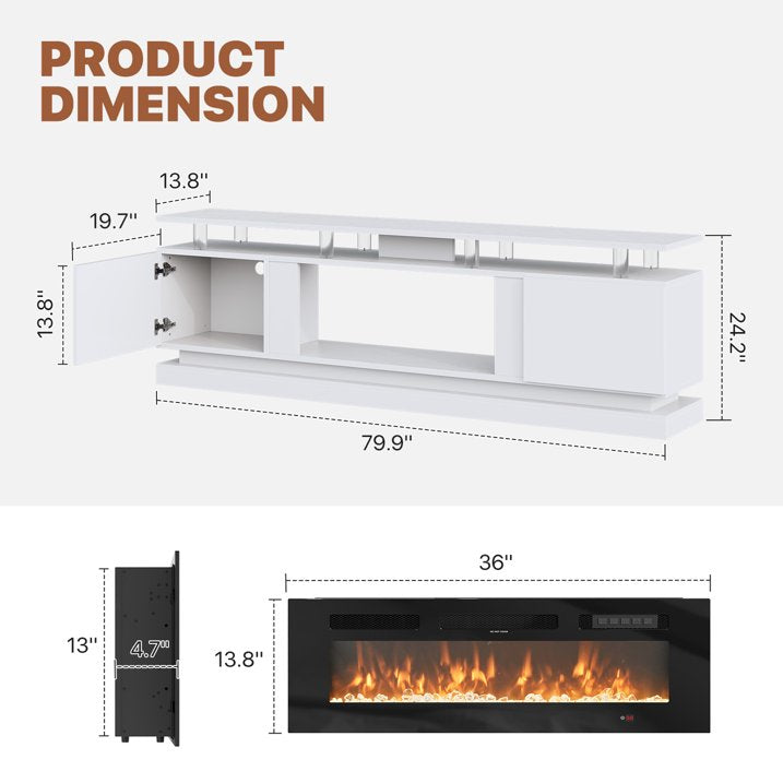 Sonegra Fireplace TV Stand with Electric Fireplace up to 90", Entertainment Center with Fireplace, LED 80" Modern TV Console with Storage for Livingroom, White