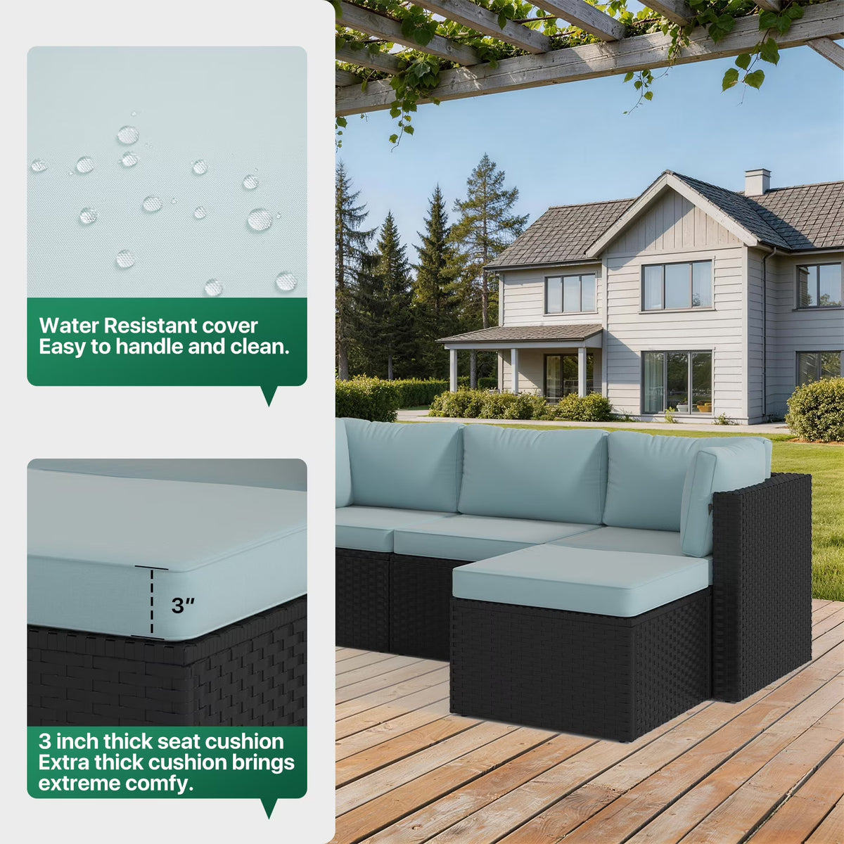 Clouddwell 5 Pieces Patio Furniture Set, All-Weather Wicker Rattan Patio Sectional Sofa Set with Coffee Table (Light Blue)