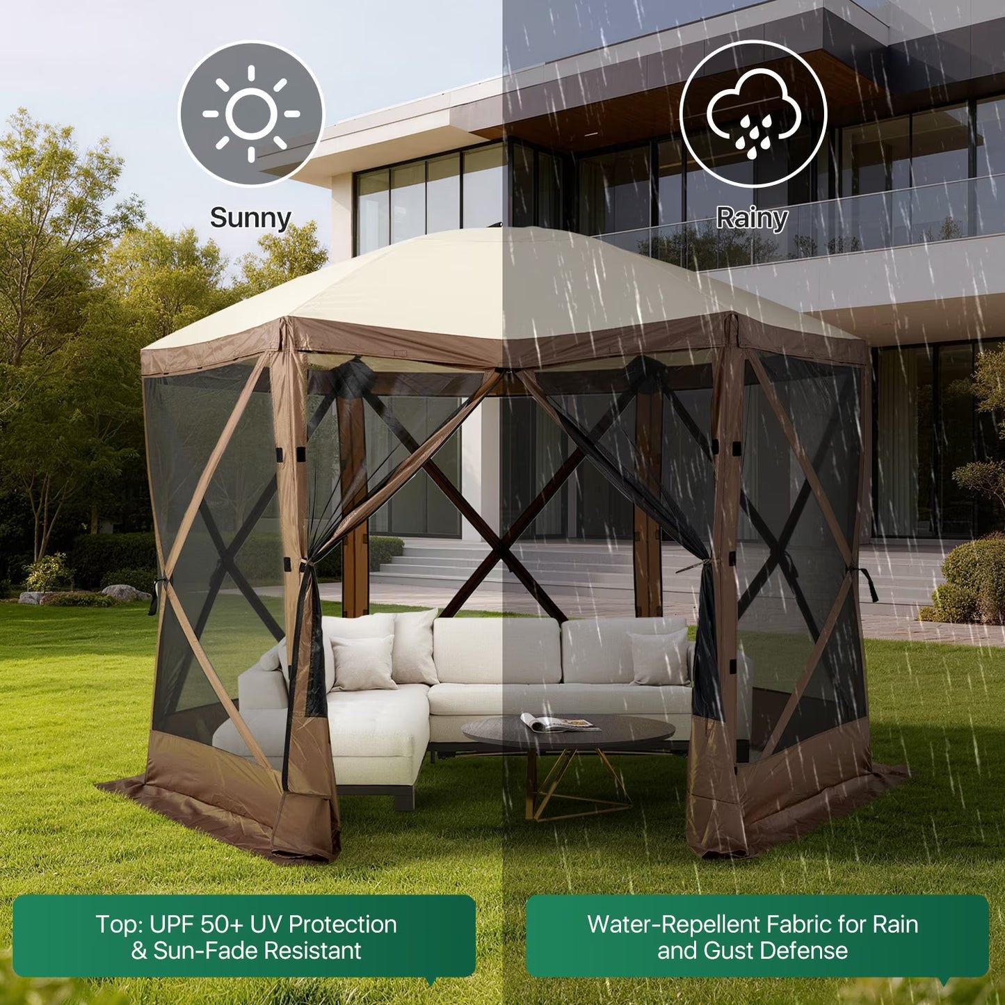 Clouddwell 10x10 FT Outdoor Pop-up Gazebo Tent, 6-Sided Screen Room with Waterproof UV-Blocking Canopy, Includes Carry Bag, Stakes & Ropes, Brown
