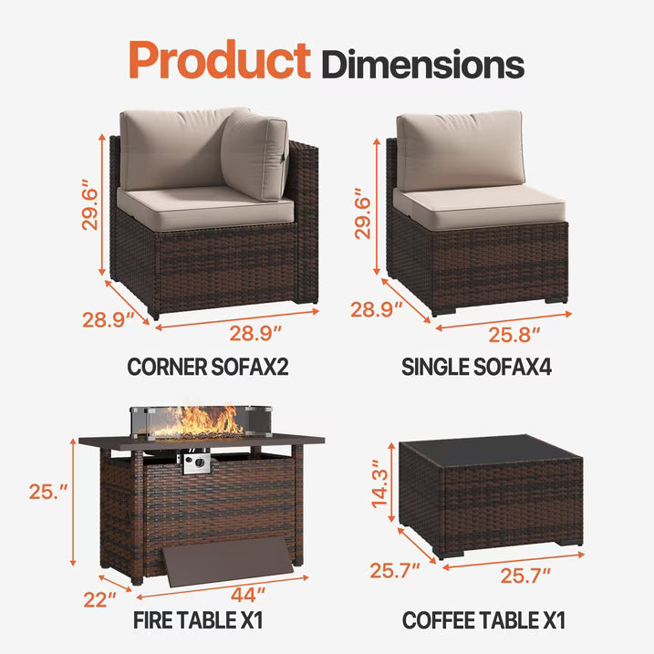 Dateyes 8-Piece Outdoor Patio Furniture Set with 44" Fire Pit Table, All-Weather Wicker Rattan Sectional Sofa with Coffee Table & Cover (Off-White)