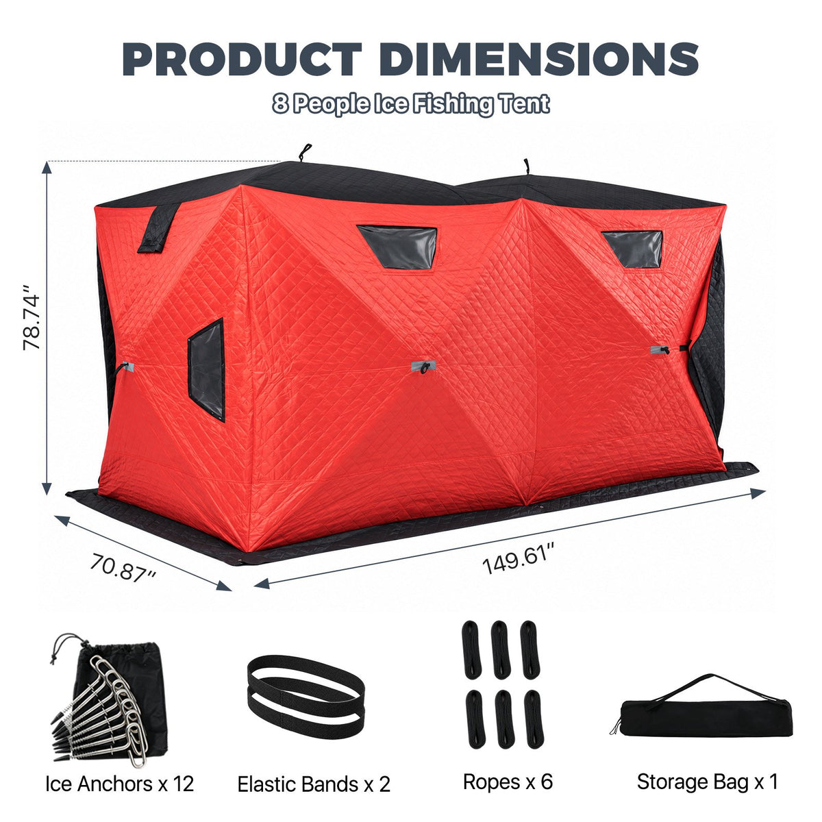 Dateyes Pop Up Ice Fishing Shelter, Insulated Ice Fishing Tent for 6-8 People, 210D Insulated Fabric, 150"x70"x78" 73 sq.ft Fishing Area, Red