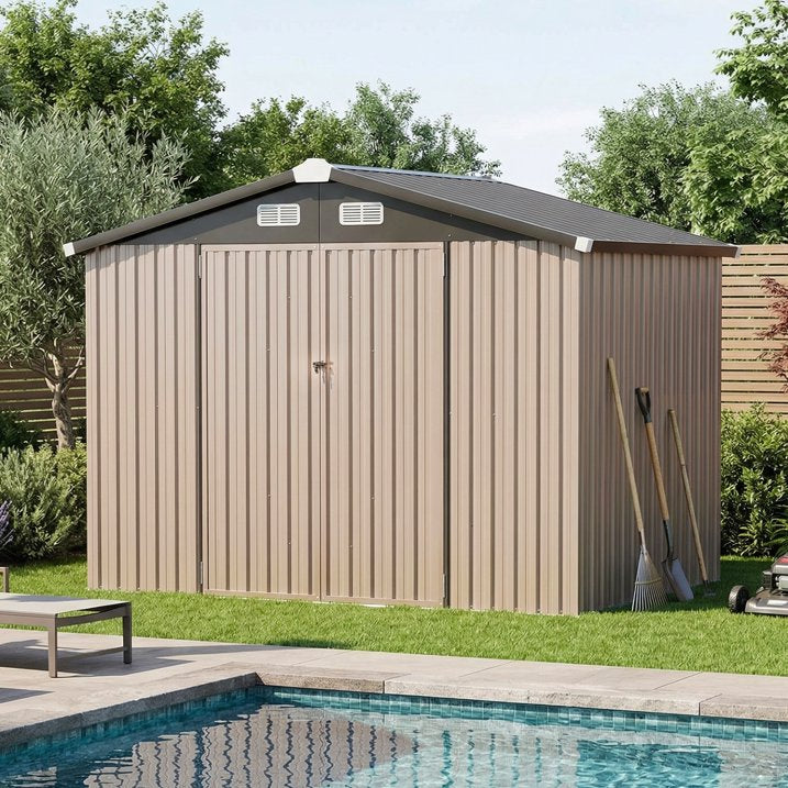 Clouddwell 8x6 ft. Outdoor Storage Shed with Base, Brown Metal Garden Shed with Double Lockable Doors for Backyard, Patio