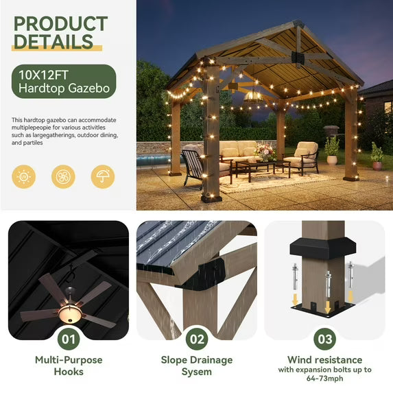 Aoxun 10' x 12' Outdoor Wood Gazebo, Hardtop Gazebo Permanent Wooden Pavilion with Galvanized Steel Gable Roof, for Patio, Garden, Deck, Cedar Wood