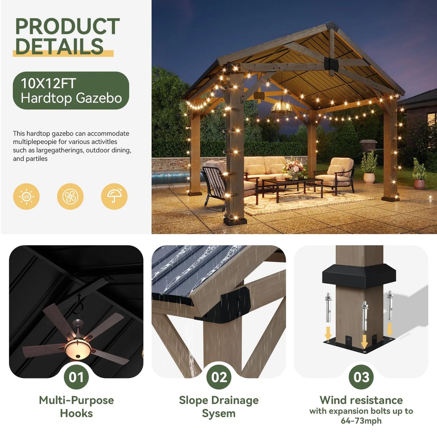 Aoxun 10' x 12' Outdoor Wood Gazebo, Hardtop Gazebo Permanent Wooden Pavilion with Galvanized Steel Gable Roof, for Patio, Garden, Deck, Cedar Wood