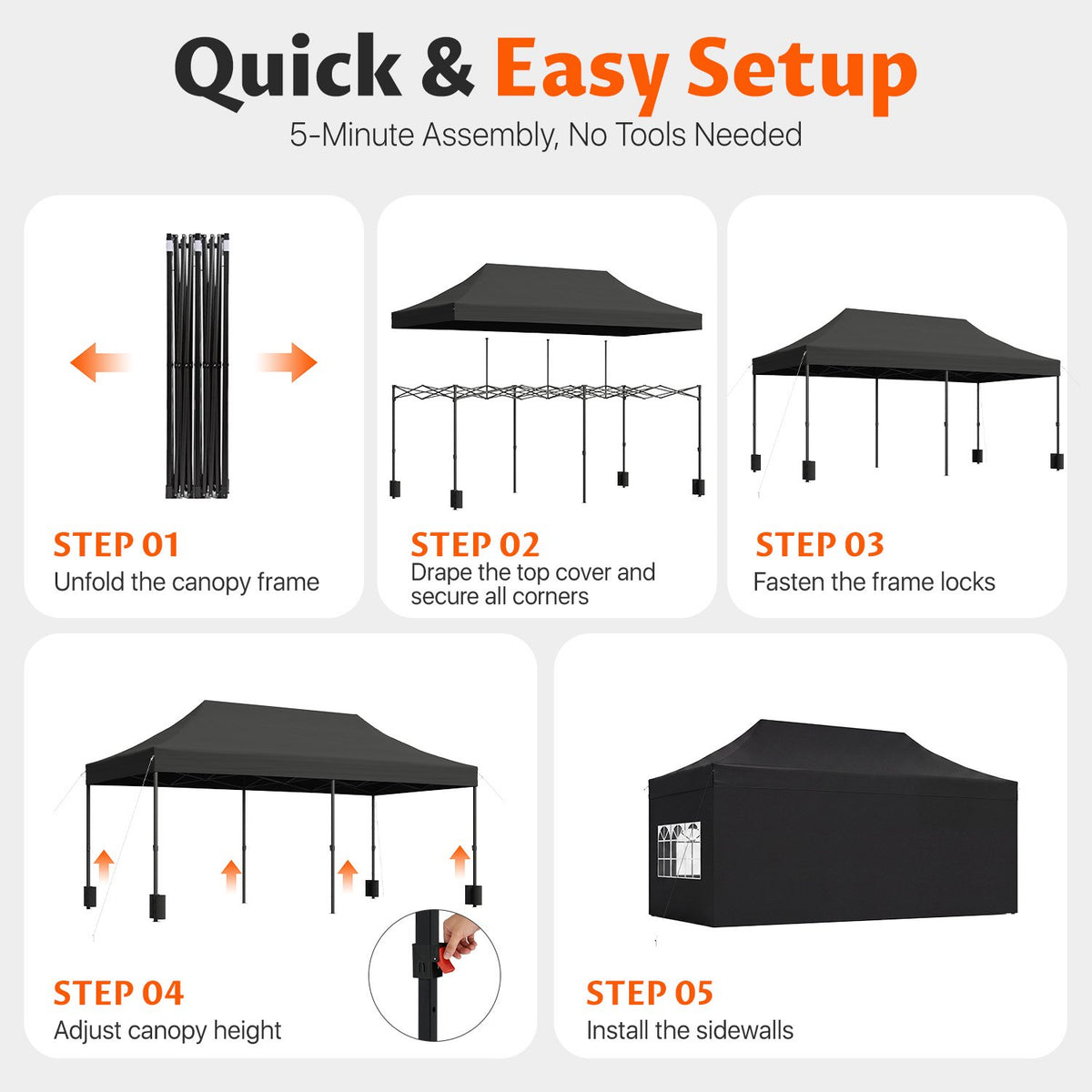 Dateyes 10x20 FT Pop Up Canopy Tent with 45mm Heavy Duty Steel Frame, Waterproof Outdoor Canopy, 3-Level Adjustable Height, Instant Party Tent with Roller Bag, Black