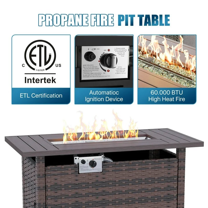 Sunmthink Patio Furniture Sets, 15-Piece Outdoor Patio Furniture with 44'' Propane Gas Firepit Table, Wicker Outdoor Conversation Set and Waterproof Cover for Backyard, Poolside, Garden