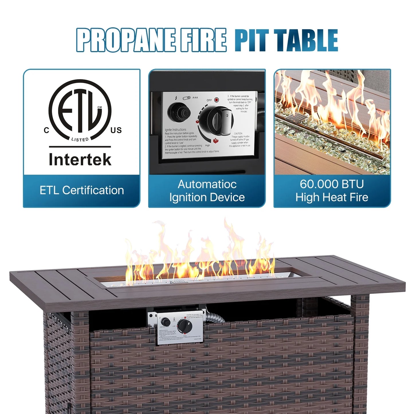 Sunmthink Patio Furniture Sets, 8-Piece Outdoor Patio Furniture with 44'' Propane Gas Firepit Table, Wicker Outdoor Conversation Set and Waterproof Cover for Backyard, Poolside, Garden