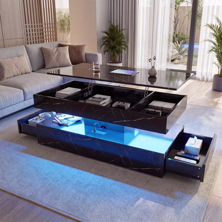 Sonegra 47" High-Glossy LED Lift Top Coffee Table with 2 Sliding Drawers, Large Open Storage Space & Ambient LED Lighting, Modern Double-Layer Livingroom Table, Marble Black