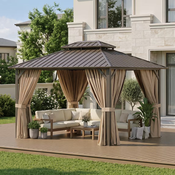Dateyes 12x10 FT Outdoor Hardtop Gazebo, Aluminum Frame Gazebo with Removable Mesh Walls and Curtains for Patio, Lawns, Brown