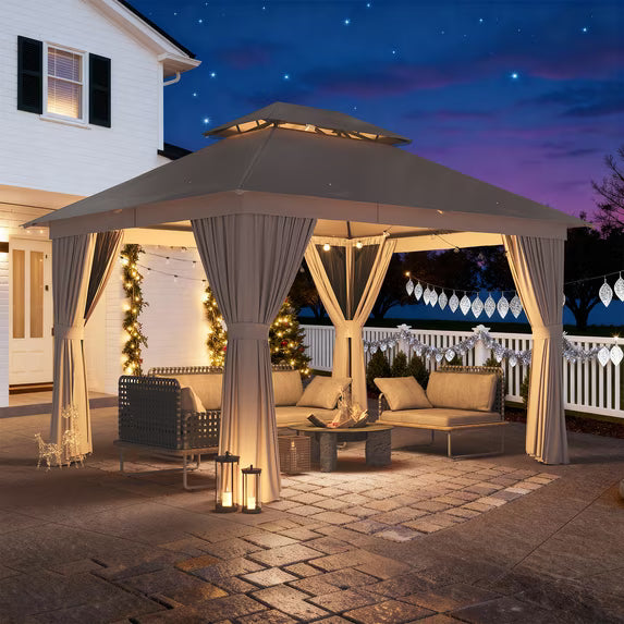 Dateyes 10x12 FT Outdoor Gazebo, Double Roof Patio Shelter with Netting Screens and Privacy Curtains, Heavy-Duty Weatherproof Canopy for Backyard, Deck, and Lawn, Beige