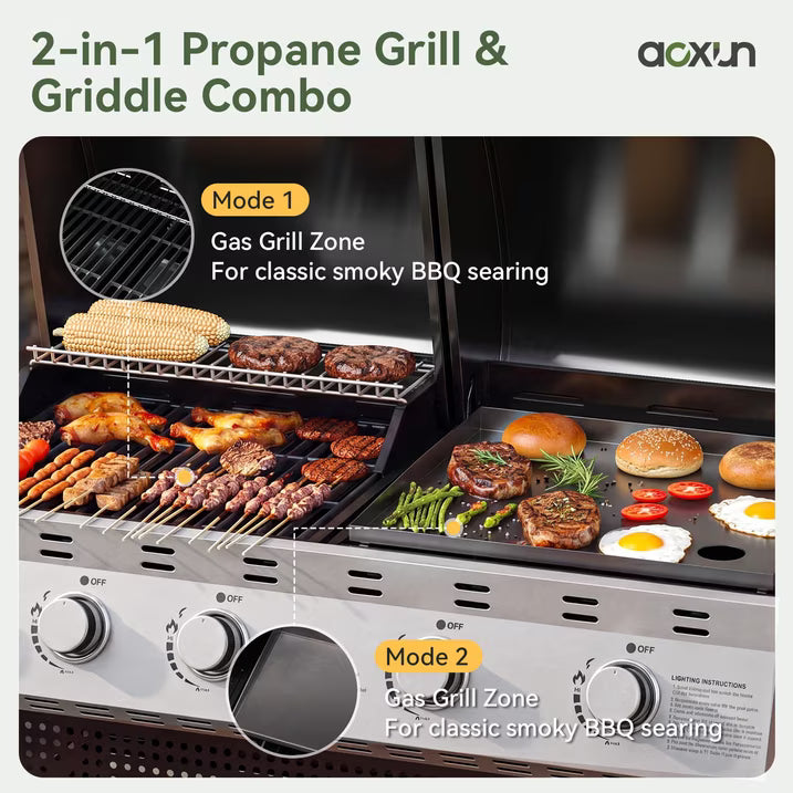 Clouddwell 5 Burner Gas Propane Grill and Griddle Combo BBQ Grill, 54000 BTU 2-in-1 Outdoor BBQ with Stainless Steel Lids, 4 Casters, Side Table, and Thermometer