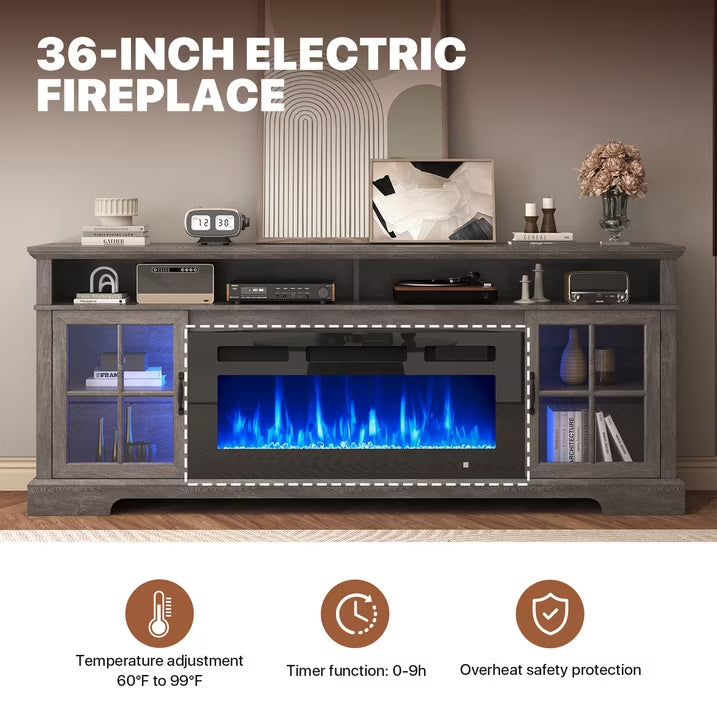 Sonegra Fireplace TV Stand, Farmhouse Entertainment Center for TVs Up to 82”, TV Console with Storage Cabinets, Media Console for Living Room, Gray