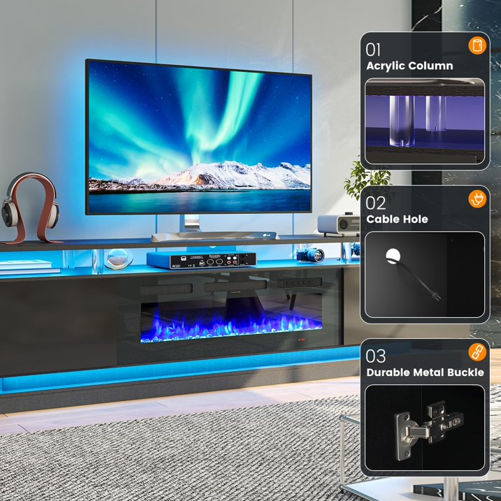 Sunmthink 70" Fireplace TV Stand, Modern Entertainment Center for TVs Up to 80”, TV Console with Storage Cabinets, Media Console for Living Room, Black