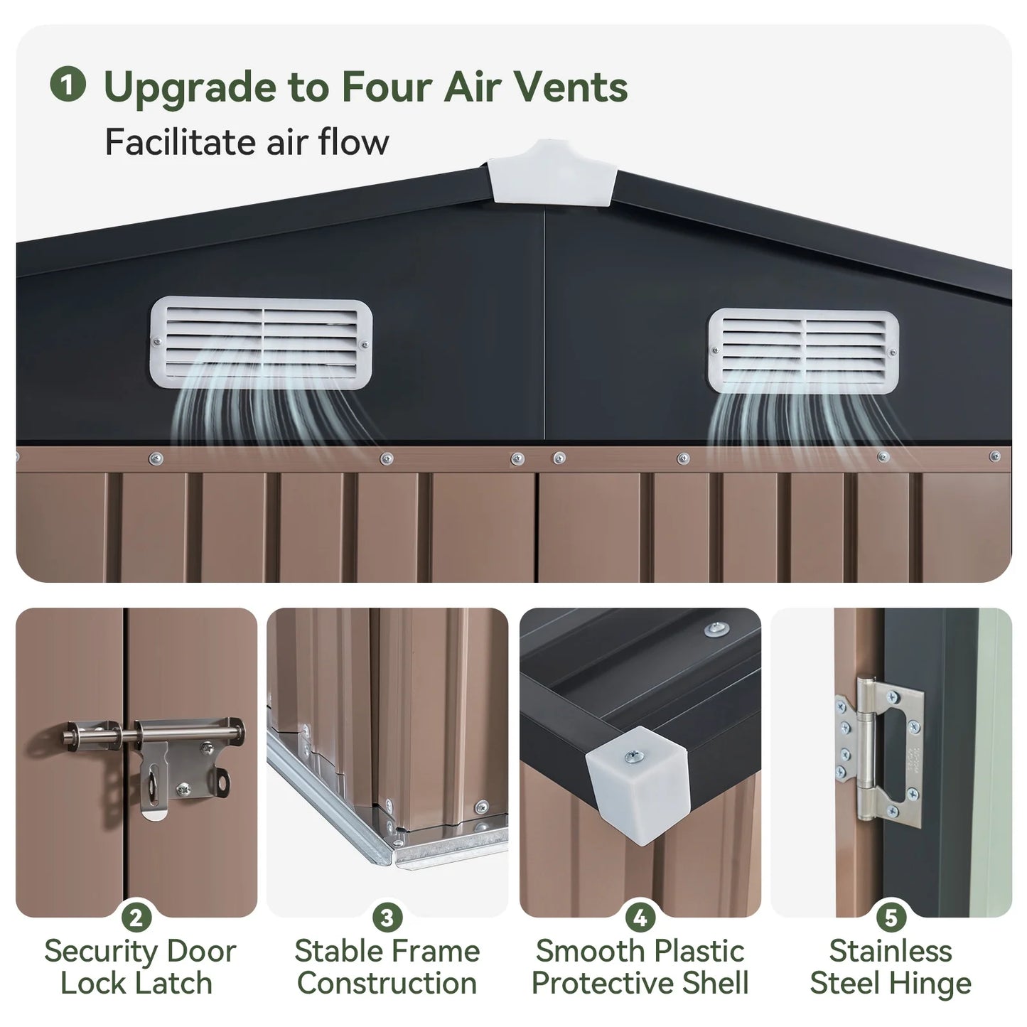 Aoxun 11.9x9.5 ft Outdoor Storage Shed, Galvanized Metal Shed with Lockable Door, Air Vents for Garden, Backyard, Brown