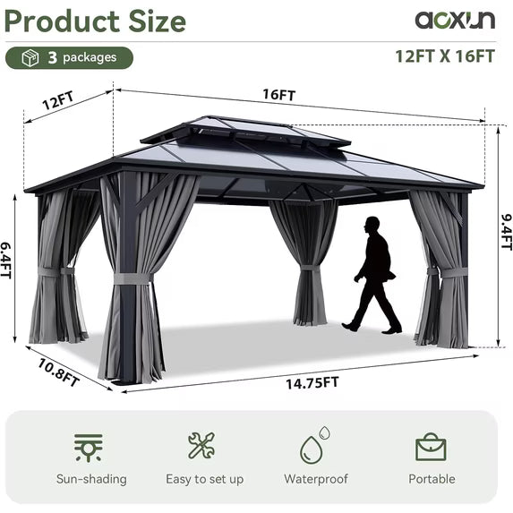 Aoxun 12'x16' Hardtop Gazebo, Aluminum Frame Permanent Pavilion with Curtains and Netting, Outdoor Polycarbonate Double Roof Canopy, Designed for Garden, Lawns, Patio