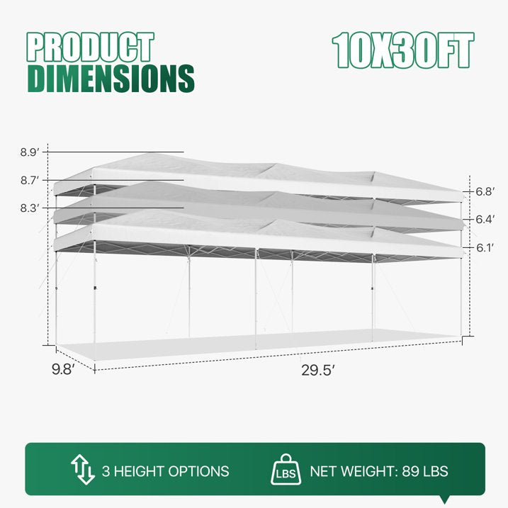 ClouDDwell Pop up Canopy, Party Tent, 10x30 ft. Portable Outdoor Event, Instant Shelter Canopy with 6 Removable Sidewalls and 1 Carry Bag, White