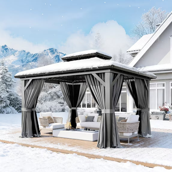 Dateyes 10x12 FT Outdoor Hardtop Gazebo, Aluminum Frame Gazebo with Removable Mesh Walls and Curtains for Patio, Lawns, Gray
