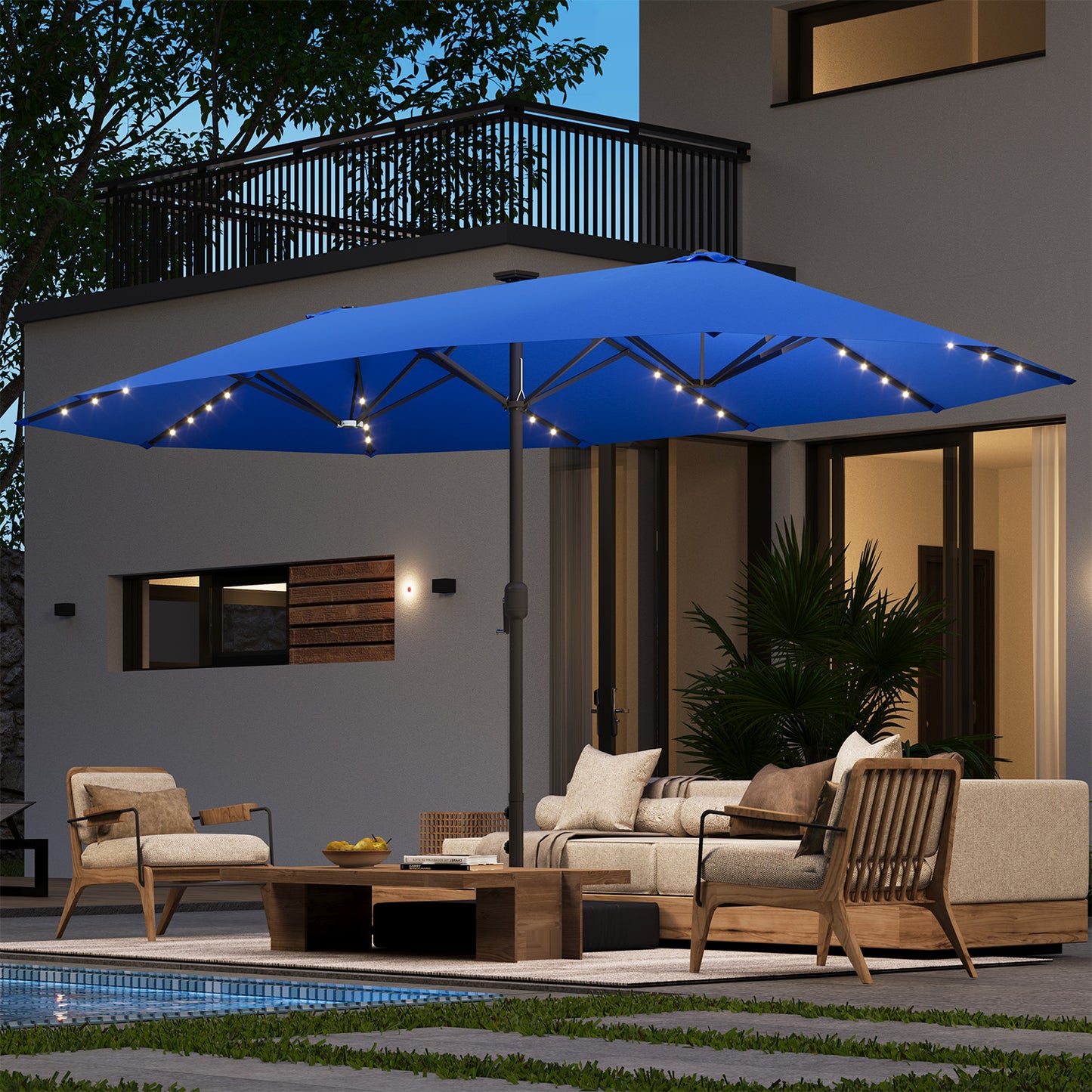 Clouddwell 15ft Patio Umbrella with Base Included, Outdoor Double-Sided Rectangular Umbrella with Light for Pool, Deck, Lawn, Backyard & Beach, Blue