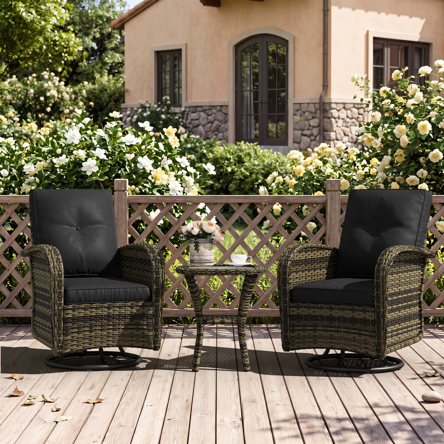 Clouddwell 3 Pieces Patio Furniture Set, Patio Swivel Rocker Chairs Set of 2, Wicker Outdoor Bistro Set with Rocking Chair, Black/Yellow Brown