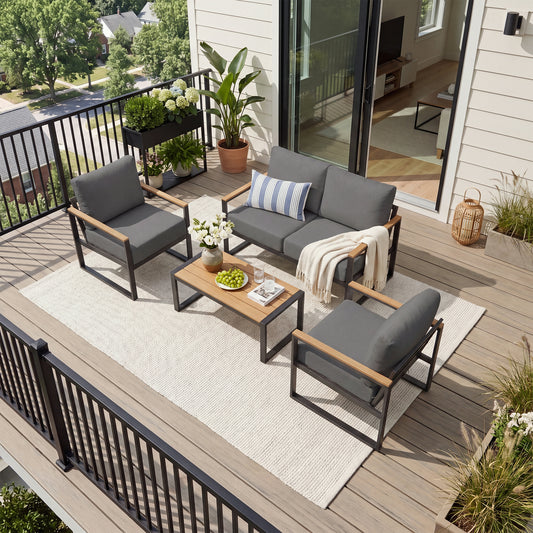 Clouddwell 4-Piece Patio Conversation Set, Heavy-Duty Metal Outdoor Furniture, Loveseat for Deck, Porch, Balcony (Gray)