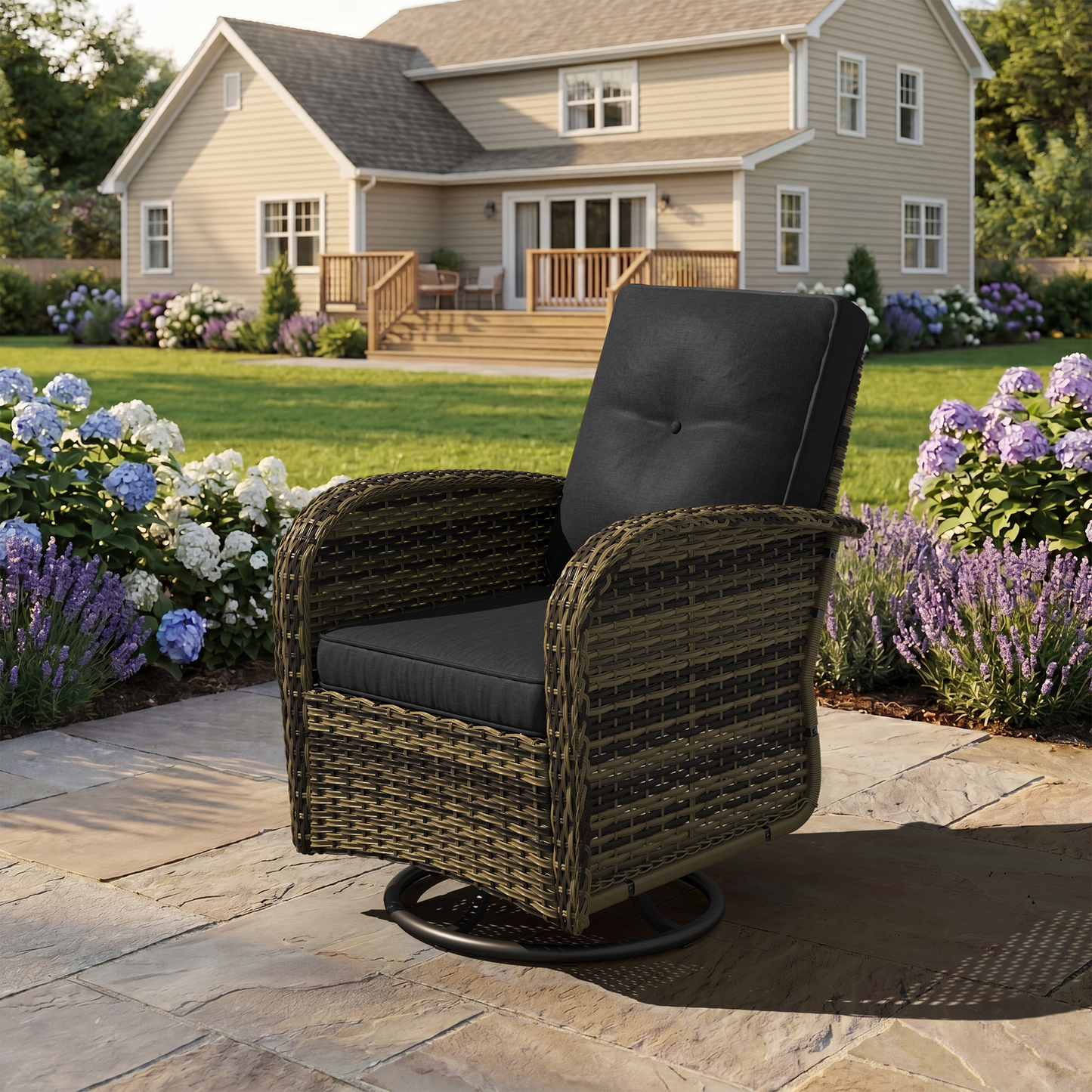 Clouddwell 3 Pieces Patio Furniture Set, Patio Swivel Rocker Chairs Set of 2, Wicker Outdoor Bistro Set with Rocking Chair, Black/Yellow Brown