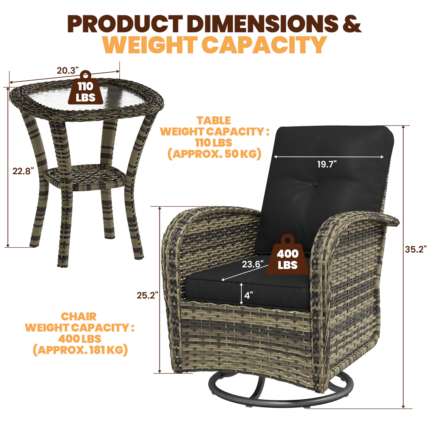 Clouddwell 3 Pieces Patio Furniture Set, Patio Swivel Rocker Chairs Set of 2, Wicker Outdoor Bistro Set with Rocking Chair, Black/Yellow Brown