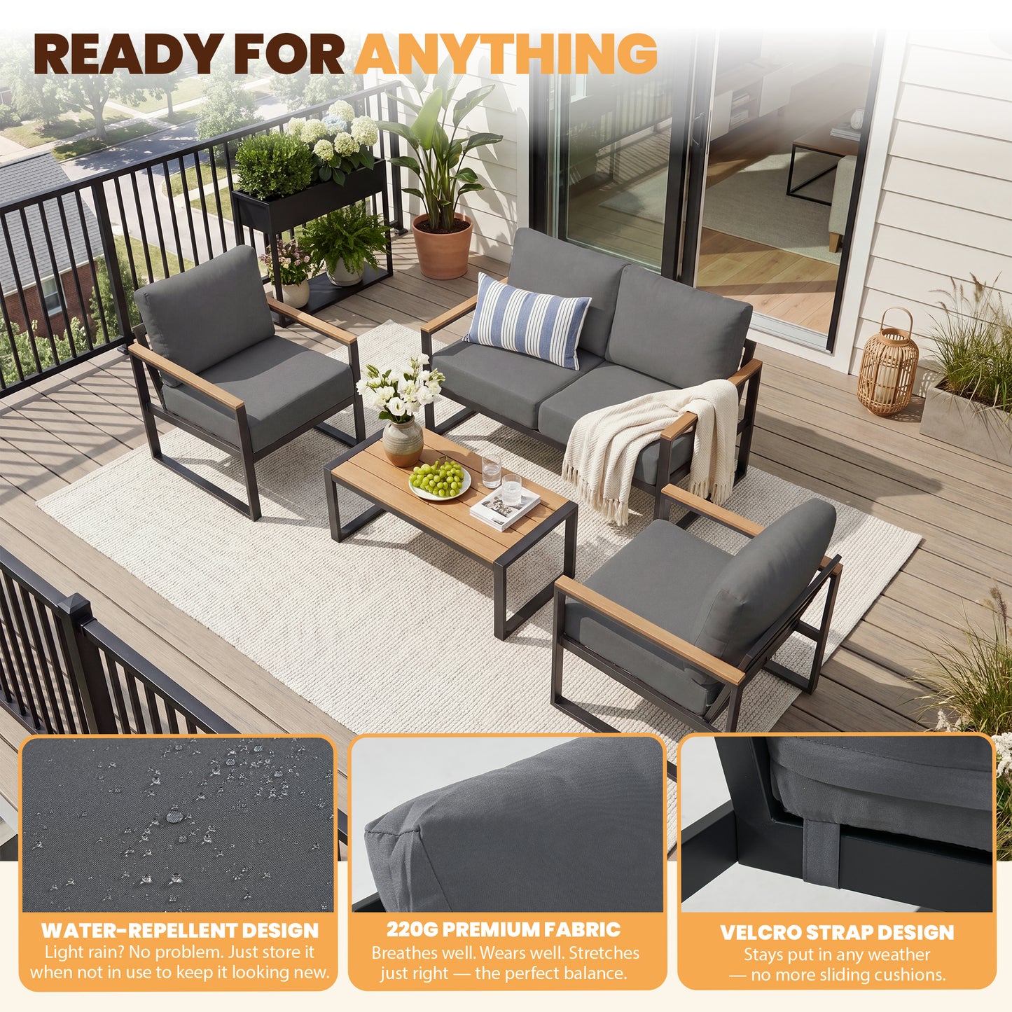Sumnthink 4-Piece Outdoor Patio Furniture Set, Modern Metal Conversation Set for Porch, Deck, Balcony (Dark Grey)