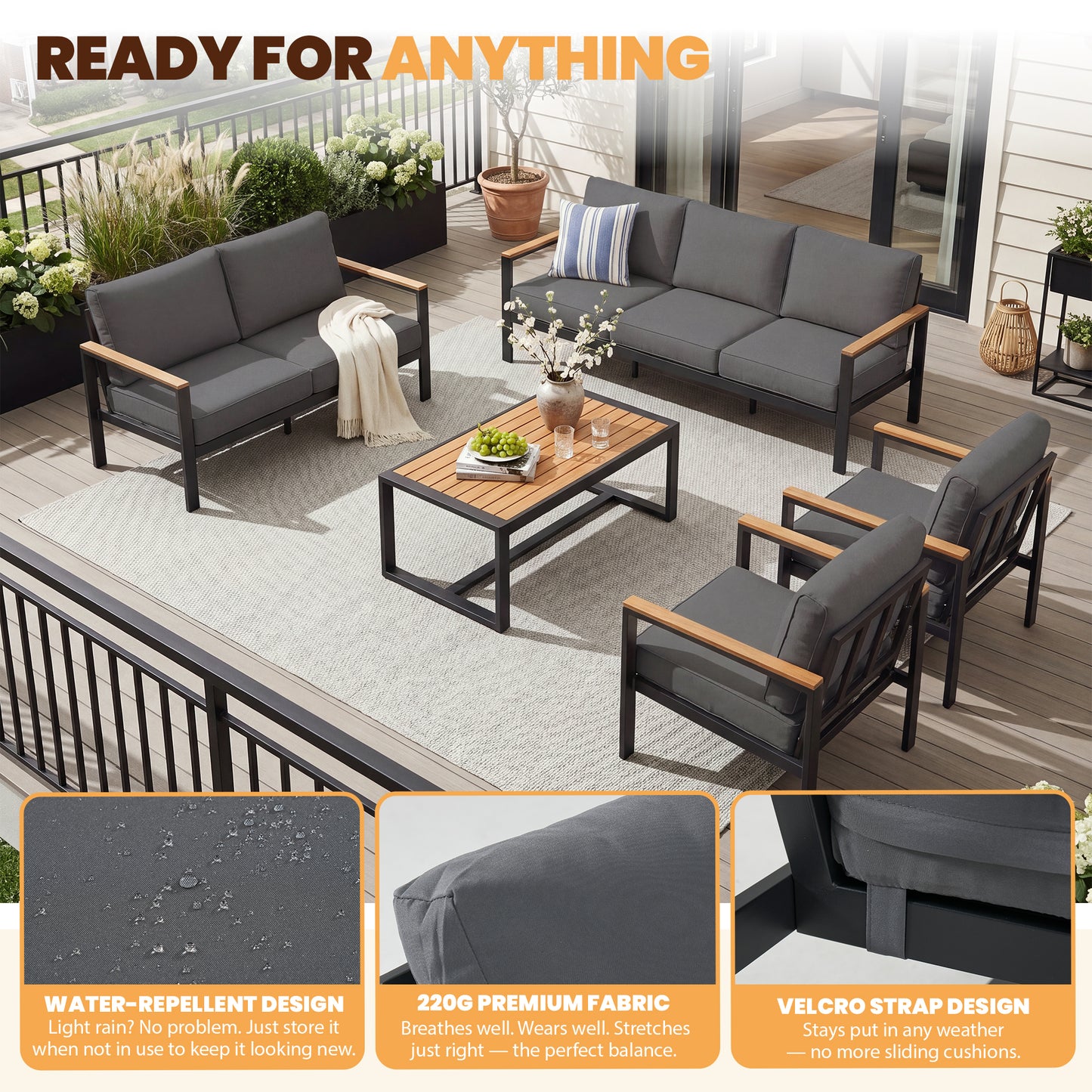 Sumnthink 5-Piece Outdoor Patio Furniture Set, Modern Metal Conversation Set for Porch, Deck, Balcony (Dark Grey)