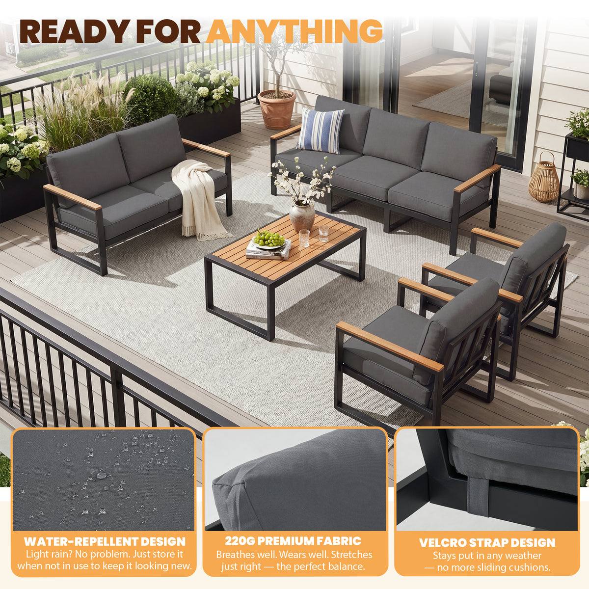 Clouddwell 7-Seat Patio Conversation Set, Heavy-Duty Metal Outdoor Furniture, Loveseat for Deck, Porch, Balcony (Gray)